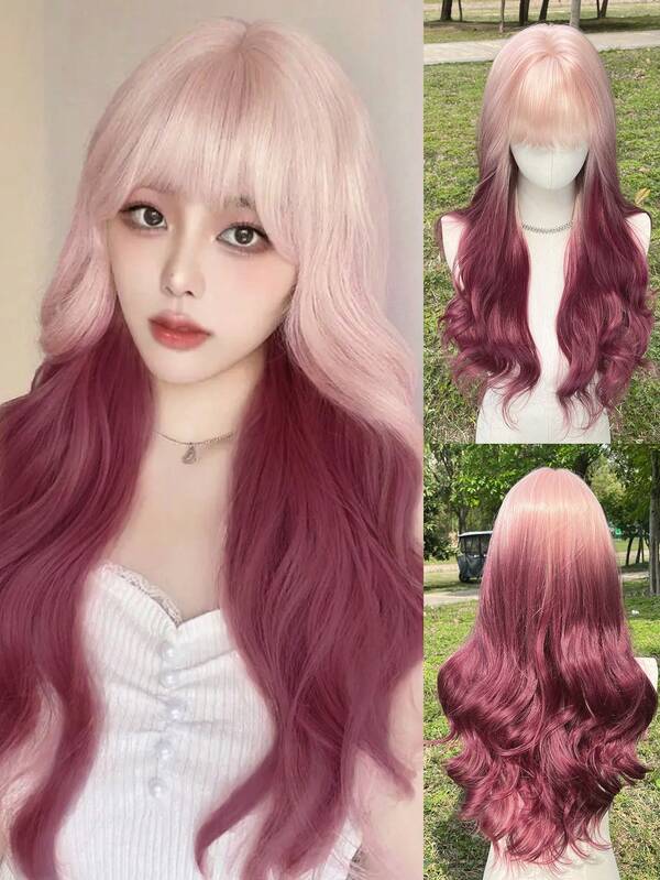 Gradient Long Wavy Curly Wig With Bangs,Heat-Resistant Synthetic Fiber,Suitable For Women And Girls Daily Party And Cosplay Use.