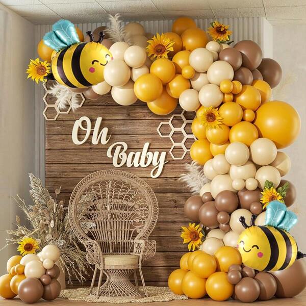Kit de guirlande d'arc de ballon avec visage souriant, abeille mignonne, ballons en latex épais blanc, jaune moutarde et brun pour la décoration de fête d'anniversaire, baby shower, révélation de sexe sur le thème du tournesol et de l'abeille d'été