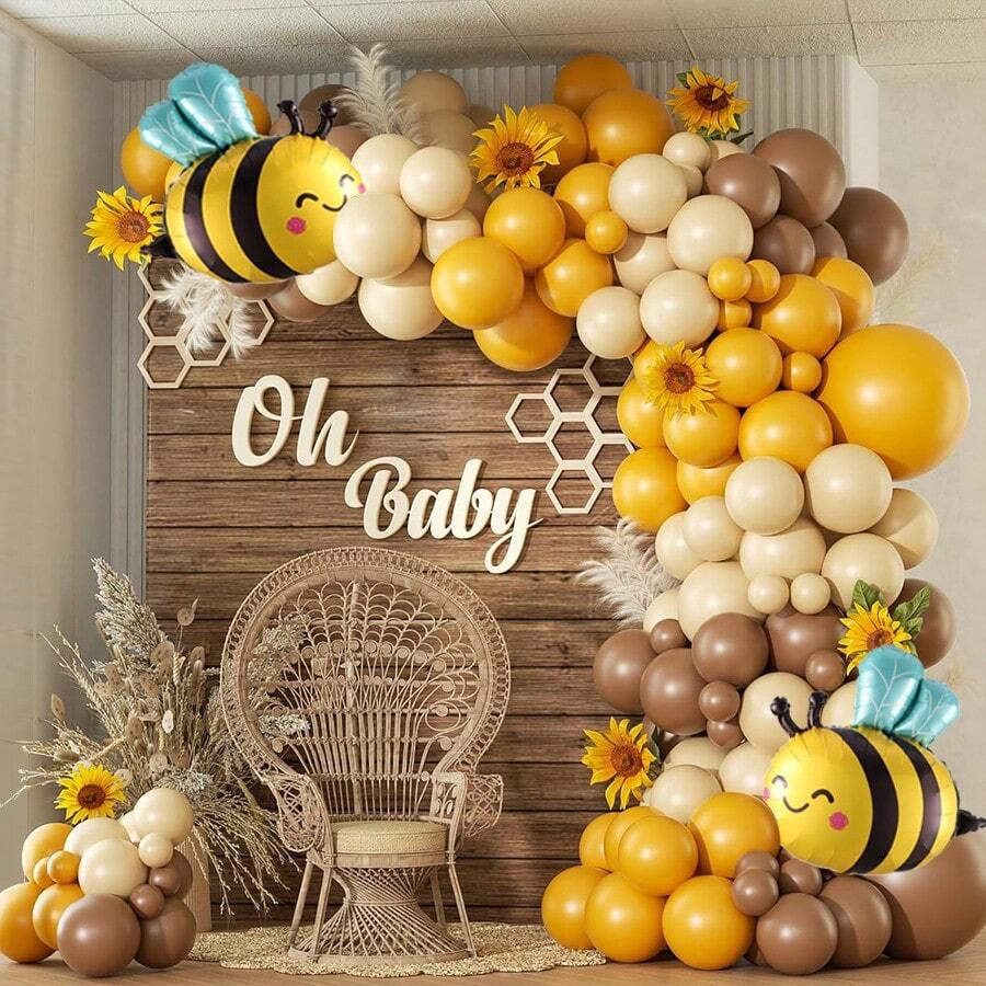 Cute Smile Face Honeybee Balloon Arch Garland Kit With Brown Mustard Yellow Sand White Thickening Latex Balloons For Summer Sunflower Bee Theme Gender Reveal Birthday Babyshower Party Decorations - Color Mixing - View 1