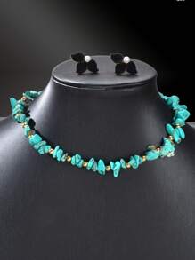 3pcs Boho Chic Irregular Turquoise Beads Chain Collar Necklace Black Petal Stud Earrings Summer Beach Vacation Jewelry Set