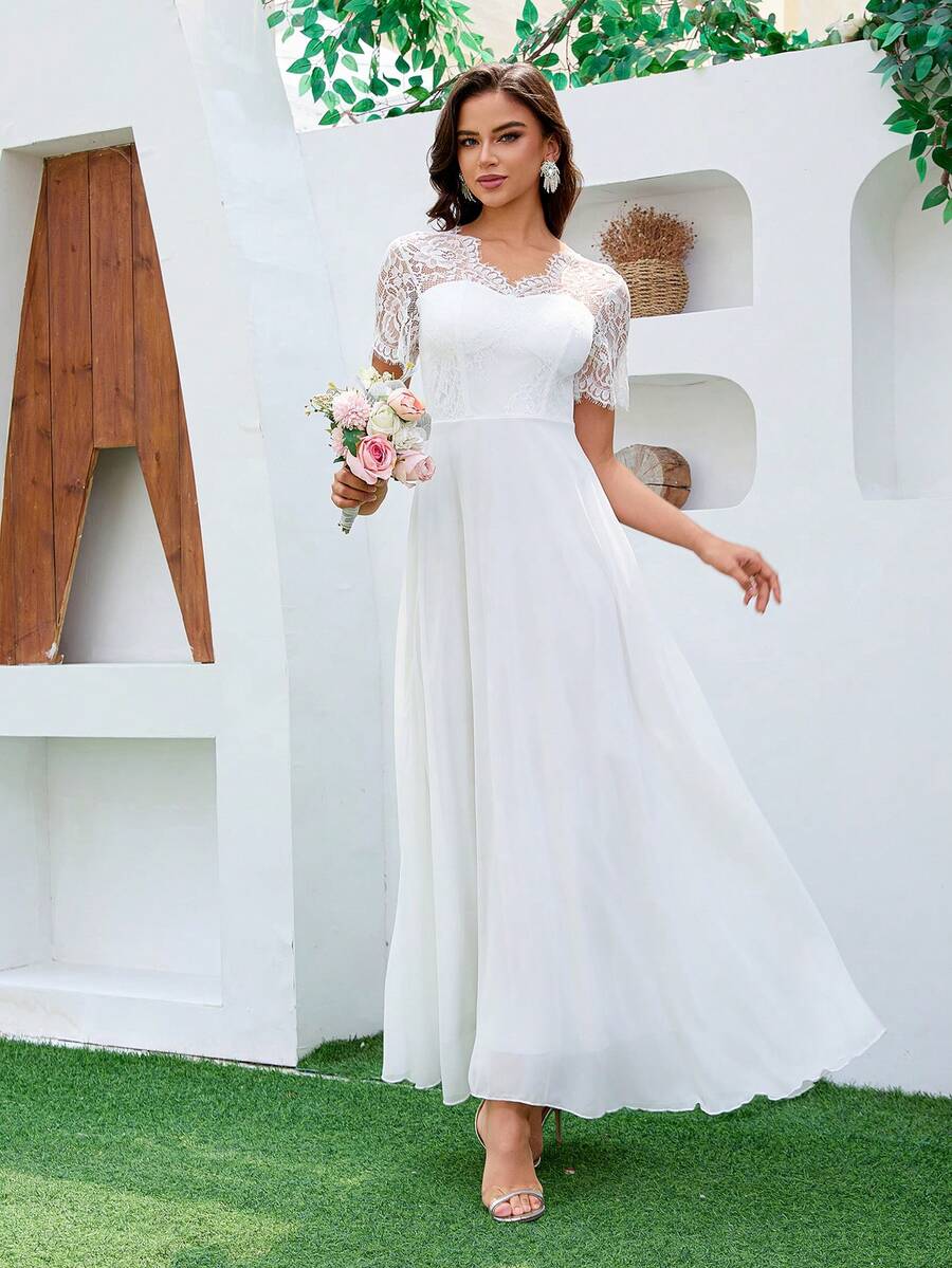 Elasola Women's Wedding Dress A-Line V-Neck Lace Chiffon Dress, Valentine's Day White Spring - White - View 1