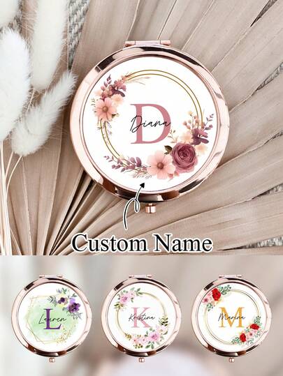 1 pieza Espejo de maquillaje portátil personalizado con diseño floral, con caja de regalo, acabado en oro, oro rosa o plata, ideal como regalo para cumpleaños, festivales, aniversarios, para viajes, compras, uso diario, para niñas, mujeres, mamá, hermana, novia, familia y amigos