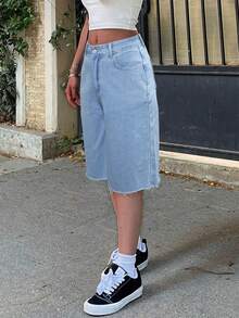 Raw Hem Denim Shorts Without Belt - Blue - View 3