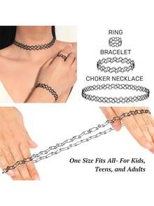 3 件套纹身颈链套装项链手链戒指复古弹力项链女式哥特式黑色经典时尚 - 彩色 - 查看 6