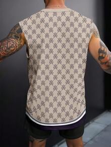 Men's Geometric Print Round Neck Sleeveless T-Shirt And Shorts Casual Suit - Khaki - View 3