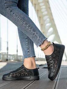 Summer Mesh Breathable Shoes, Hollow Out Black Nurse Shoes, Women's Casual Sports Shoes, Mesh Lace Sneakers, Student Flat Shoes, Fashion Lace-Up Travel Shoes - Black - View 4