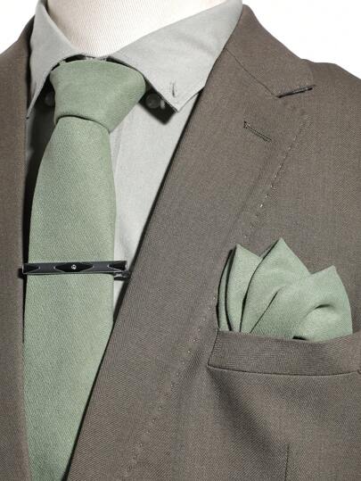 3pcs Men's 1200 Needle High Density Plush Soft Touch Solid Color Necktie, Pocket Square, Tie Clip Set/Bow Tie, Pocket Square, Tie Clip Set, Suitable For Business, Banquet, Party, Casual, Versatile, Mint Green/Brown/Dark Green/Pink, Green Wide Necktie