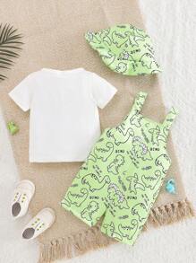 Conjunto de 3 piezas: Camiseta de manga corta con estampado gráfico casual de dinosaurio y letra, pantalones cortos tipo peto, y sombrero, para el verano