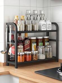 1pc Kitchen Trapezoidal Seasoning Rack, Bowl, Dish, Seasoning Storage, Trapezoidal Seasoning Rack, Thin Tube, Spot Kitchen, Layered Storage Rack, Cabinet, Two-Layer Rack,Teacher's Day, World Cup - Black - View 7