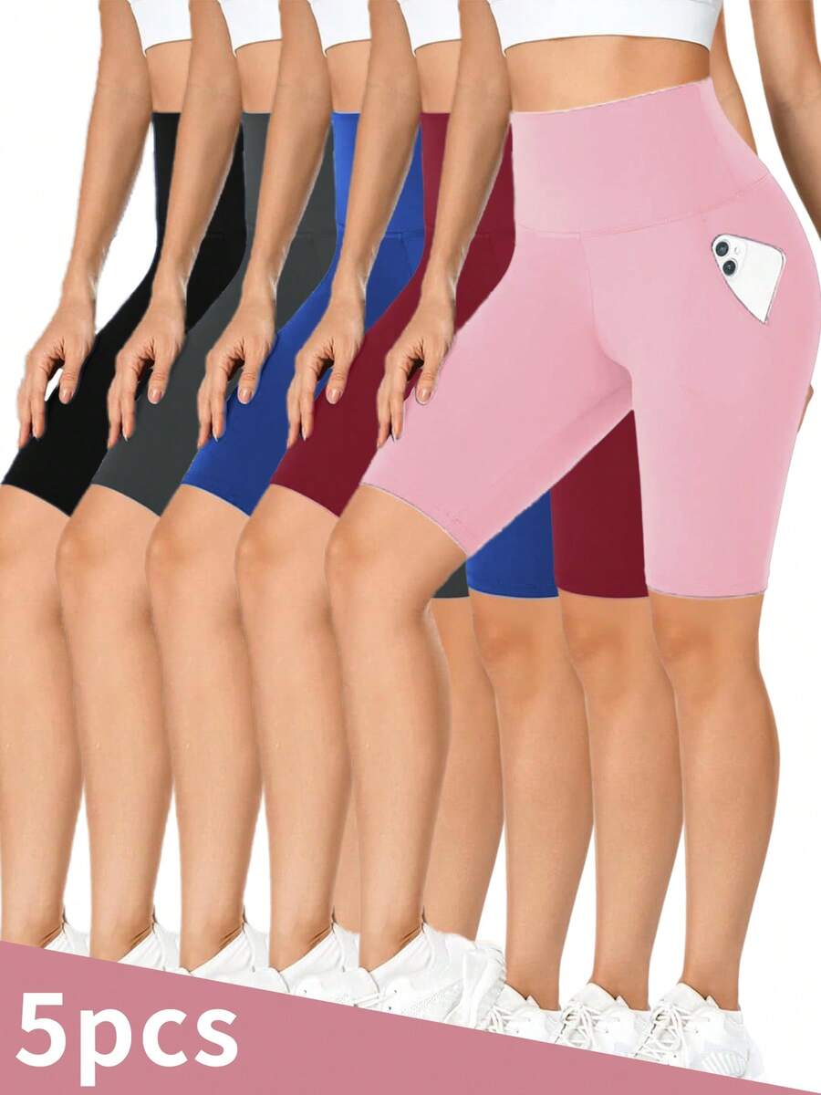 5pcs High-Waisted Sports Shorts With Shaping Belt And Pockets, Solid Color, Medium Stretch, Slim Fit, Summer Knit Fabric, Soft Short , Adult - 5pcs - 查看 1