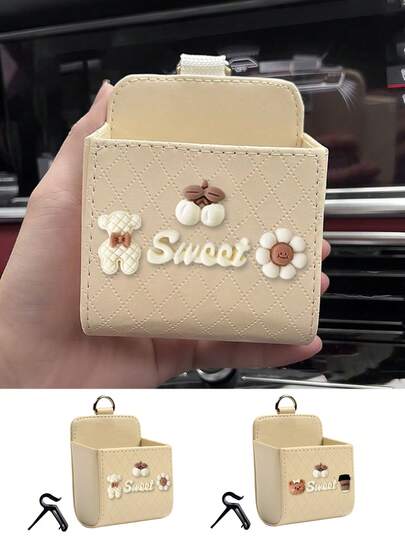 1pc Car Air Vent Storage Bag With Cute Three-Dimensional Stickers,Car Storage Box With Hook,Car Mobile Phone Hanging Bag,Car Storage Box Supplies,Portable Car Storage Box,Can Hold Cell Phones, Glasses, Pens, Cards And Other Items,Easy To Install, Easy To Store And Carry,Can Also Be Given As A Gift To Family And Friends
