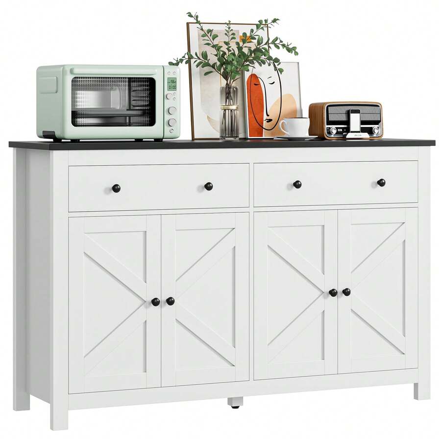 Homfa 55 Kitchen Sideboard Buffet Cabinet 4-Doors 2-Drawers Farmhouse Storage Cabinet With Adjustable Shelves White And Black - White+Black as pic - View 1