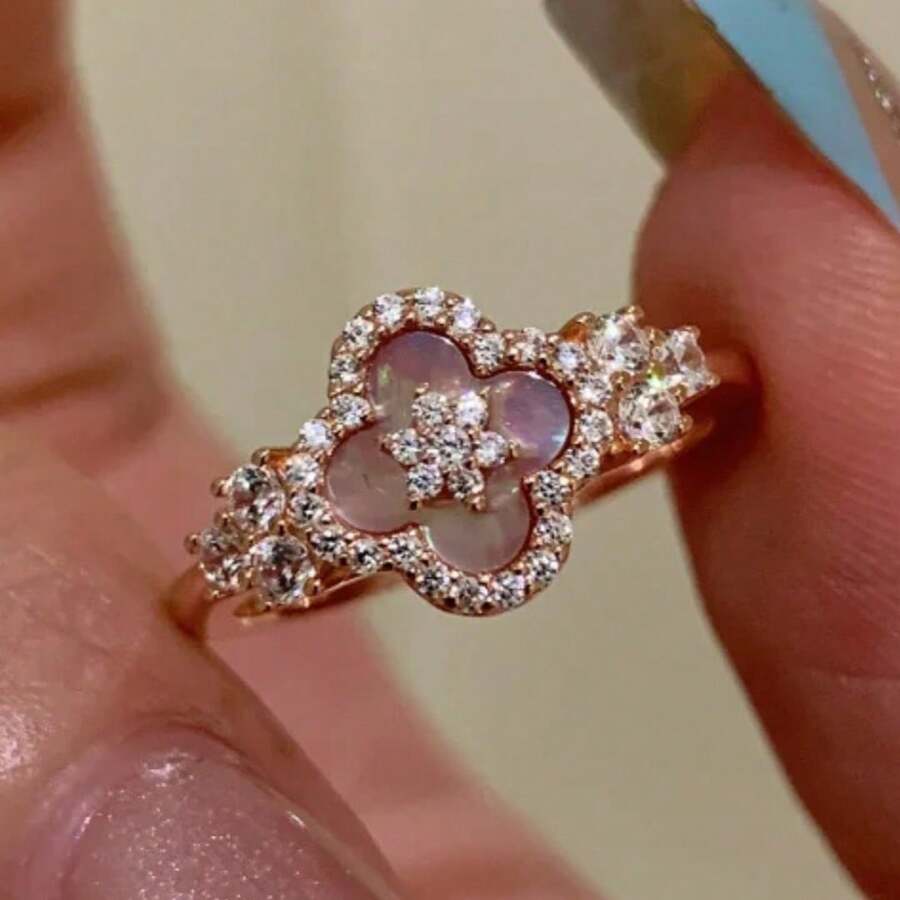 优雅玫瑰金镀四叶草锆石可调节女士结婚戒指 - 玫瑰金 - 查看 1