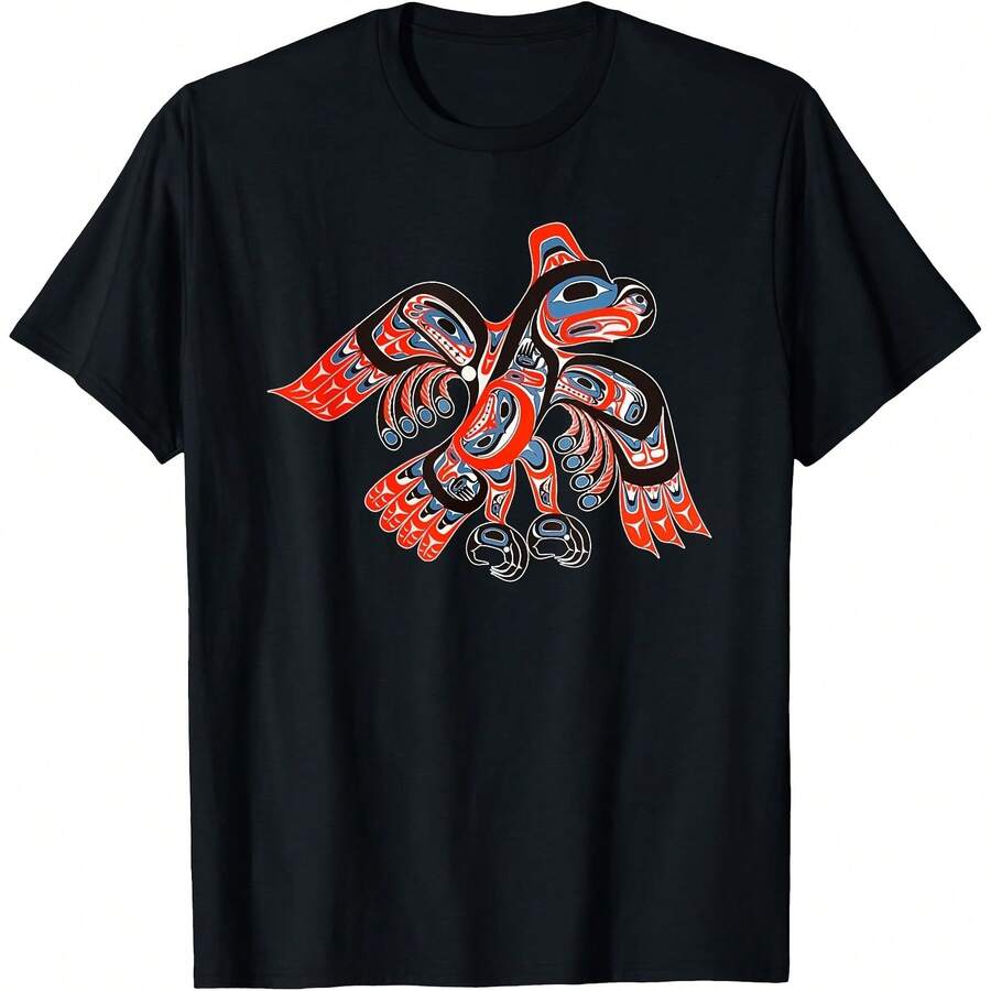 Alaska  Art Tlingit Haida Eagle  T-ShirtWo's 220g Thick Cotton T-Shirt With Butterfly Print Pattern, Suitable For Girls And Wo's Short Sved Round Neck Inspirational Shirt, Cute Aesthetic Y2K Style Summer Top, Suitable For Outdoor, Family, Work Or Street Wear Casual Loose Daily T-Shirt - Black - View 1