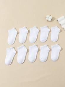 10pcs/Set Kids & Youth Cotton Solid Color Casual Socks, Sports Sweat Absorbing Breathable Mid-Calf Student Socks - White - View 2