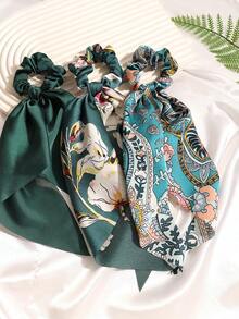 3件套缎面纯色头巾三角披肩发饰发圈马尾发圈发绳橡皮筋发圈发绳弹力发带，发圈，发饰发带头饰 - 墨綠色 - 查看 4