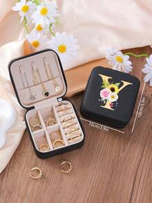 1 件花卉首字母首饰盒、A-Z 字母旅行首饰盒、伴娘、结婚礼物、字母戒指盒、女士礼品盒、PU 皮革首饰盒（用于戒指、吊坠、耳环、项链等） - 女孩和女士礼品盒。