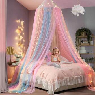 1PC Children's Bed Mosquito Net Rainbow Princess Dome Mosquito Net For Baby Crib | Soft Polyester Lace Trim Bed Canopy | Machine Washable Nursery & Girls' Room Decor