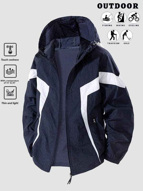 Men's Contrast Color Long Sleeve Outdoor Sports Casual Running Sun Protection Exercise Jacket, Summer