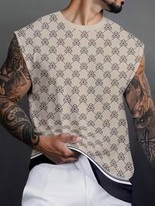 Men's Geometric Print Round Neck Sleeveless T-Shirt And Shorts Casual Suit - Khaki - View 2