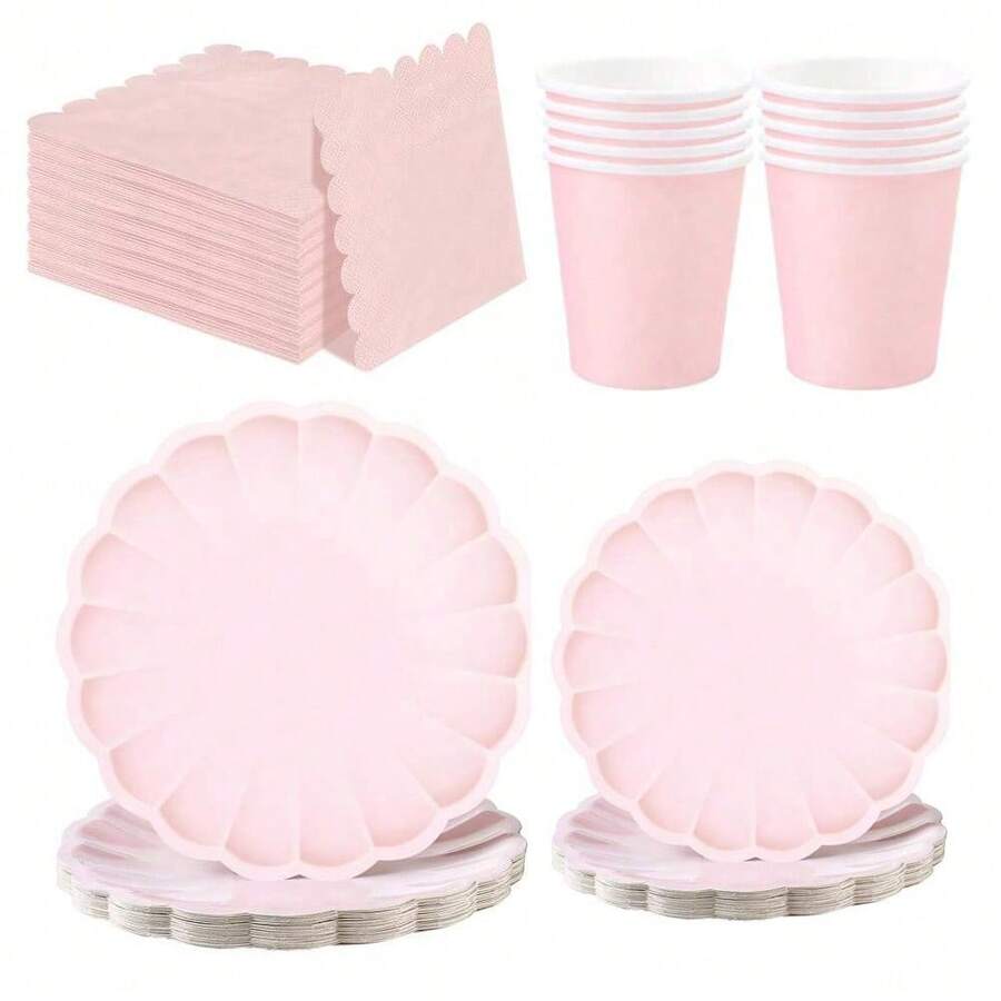 10pcs/20pcs/40pcs/50pcs,Pink Scalloped Paper Plates,Cups And Napkins Set, Fan Shaped Paper Plate 9 Inch 7 Inch Shell Edge Disposable Dinner Tray Paper Cup Paper Towel Birthday Wedding Party Decoration (Pink) Mother's Day Gift Wedding Birthday Party Supplies Daily Picnic Camping Tray - Pink - View 1