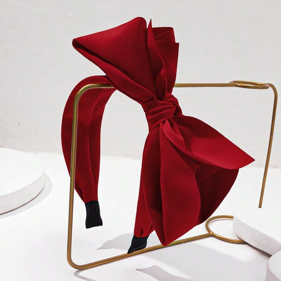 1 件休闲可爱简约纯色大蝴蝶结头带、发带、发箍、红色头带、发饰 - 酒紅色 - 查看 1