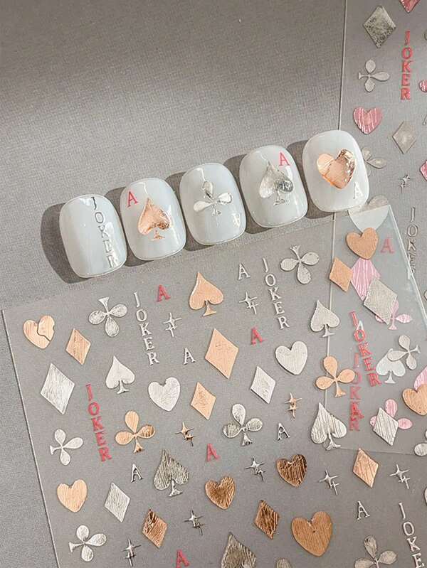 1 Pack New Fashion Foil Poker Card Nail Stickers, Minimalist Versatile Jelly Heart Self-Adhesive Nail Decals, Suitable For Nail Salons And Personal Use