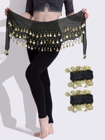 Set de 2 piezas Cadena de cintura con monedas para danza jazz/danza del vientre, bufanda de cadera, conjunto de pulsera para mujeres, adecuado para actuaciones en el escenario, combinación de baile y Halloween