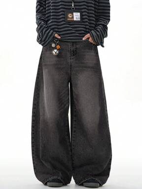 1 Peça Denim Vintage de Ajuste Largo, Estilo Coreano Casual, Lavado, Unissex