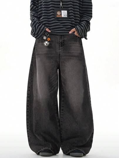 1 pieza Vaqueros de ajuste ancho suelto de estilo vintage lavado en mezclilla, estilo de pareja unisex