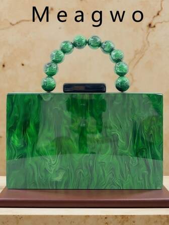 Acrylic Beaded Green Handbag, Metal Chain Strap Mini Shoulder Crossbody Bag, Elegant Clutch Purse For Wedding/Party/Casual
