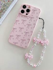 1pc Heart-Shaped Pink Bow Pattern Cell Phone Case With Beaded Lanyard, Cute Anti-Drop Protective Cover Compatible With IPhone 16 11 12 13 14 15 Plus Pro Max/16/16Pro/16E