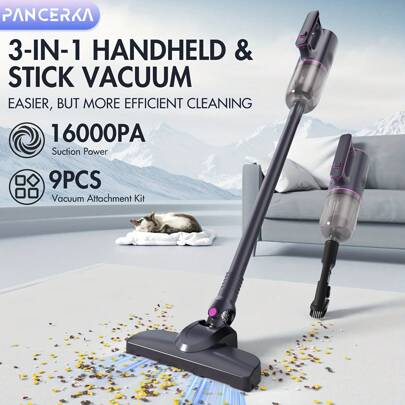 PANCERKA Mocny odkurzacz pionowy 16000 PA, wielofunkcyjny ręczny odkurzacz do dywanów o mocy 400 W z 9 zestawami próżniowymi, 5-metrowy przedłużany kabel, zmywalny filtr, pionowy odkurzacz idealny do czyszczenia podłóg, dywanów i ciasnych przestrzeni (wtyczka EU)