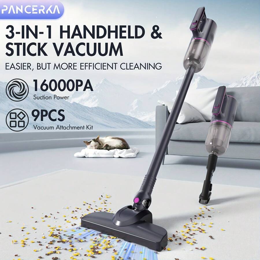 PANCERKA Mocny odkurzacz pionowy 16000 PA, wielofunkcyjny ręczny odkurzacz do dywanów o mocy 400 W z 9 zestawami próżniowymi, 5-metrowy przedłużany kabel, zmywalny filtr, pionowy odkurzacz idealny do czyszczenia podłóg, dywanów i ciasnych przestrzeni (wtyczka EU)