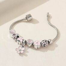 1 件优雅水钻镶嵌心形花卉吊坠串珠铜手链，适合女士，奢华个性化链式手链 [白色] [粉色] [可调节] - 銀色 - 查看 10