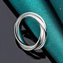 Anillo de triple círculo minimalista plateado en plata de ley 925 para mujer, tallas 5/6/7/8/9/10, regalo de moda para fiesta o estudiante, joyería de encanto - Plateado - Ver 2