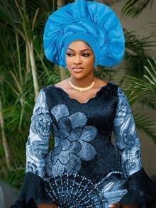 1 件女士纯色重型传统厚鞭夸张头巾帽，非常适合婚礼派对和节日礼物，夸张的 Gele 风格，Doek/Druku 风格，头巾/Hijba 风格， - 彩色 - 查看 7