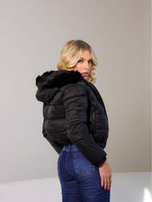Women's Double-Sided Purffer JacketNylon Plush - Black - View 6
