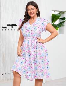 Women's Plus Size Summer Floral Midi Dress V-Neck A-Line Dress Ruffled Cap Sleeves Belt Dresses With Pocketed Casual Outfit - 紫色 - 查看 5