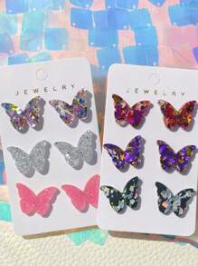3 pares de aretes tipo mariposa de acrílico en colores brillantes surtidos, con un toque de brillo, apropiados como regalo para mujeres jóvenes y parejas