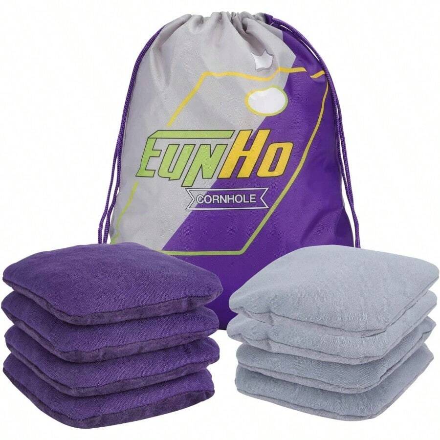 Dual Sided Cornhole Bags Set Of 8 Regulation Profional Slick And Sticky For Pro Style Corn Hole Games All Weather Tournament Bean Bags With Carry Bag - Purple/Grey - View 1