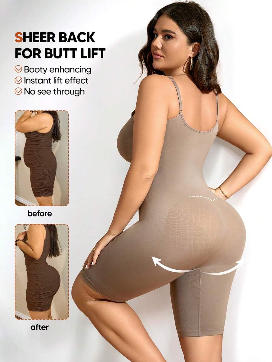 Plus Size Women's Adjustable Shoulder Straps Sculpting Tummy Control Butt Lift Bodysuit - Brown - View 1