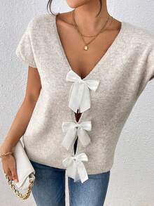 1 pieza Top holgado de estilo suave y fashion con lazo en la parte delantera y trasera, cuello de halter, chaleco de unicolor y de punto - Albaricoque - Ver 4