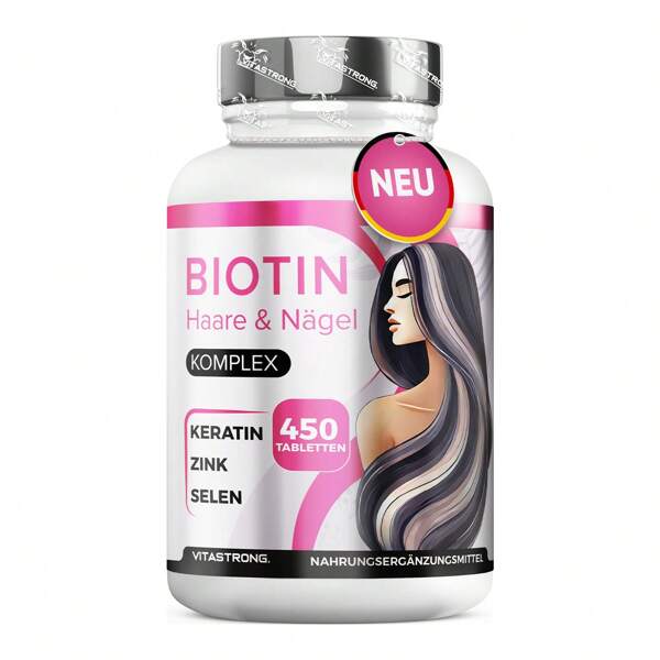Vitastrong Biotin Haar 450 Tabletten hochdosiert (15 Monate) Biotin Komplex Premium mit Keratin für Haare, Selen, Zink, Kupfer, Bambus, Vitamine für Haare und Nägel, Haarergänzungsmittel