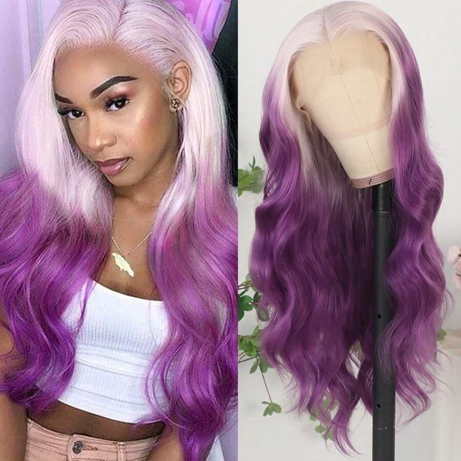 13X4 Free Part Ombre Pink Body Wave Synthetic Lace Front Wigs For Women 28 Inch Long Wavy Hair Wigs Glueless Soft Pink Ombre Colored Wigs Heat Resistant Christmas Wig Natural Long Wave Lace Front Wigs For Daily Party Cosplay Use - Ombre Purple - 查看 1