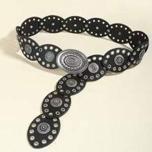 1 buc Curea circulară din PU pentru femei, curea din metal cu lanț, curea din piele strălucitoare, stil boem la modă, potrivită pentru uz zilnic, vara, școala, toamna, Halloween
