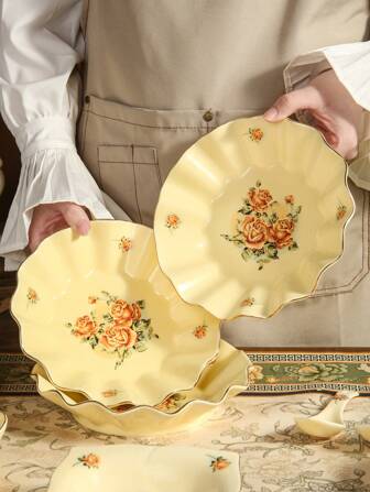 1 pièce Assiette en céramique vintage jaune moutarde avec design aquarelle, peinte à la main avec un motif de rose, convient pour la maison/le restaurant, service de pâtes/salade