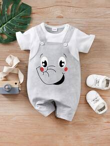 Baby Boy Cartoon Elephant Print 2 In 1 Short Sleeve Romper, Spring/Summer