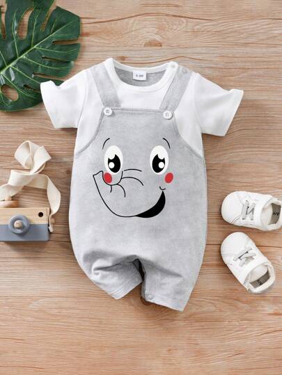 Baby Boy Cartoon Elephant Print 2 In 1 Short Sleeve Romper, Spring/Summer