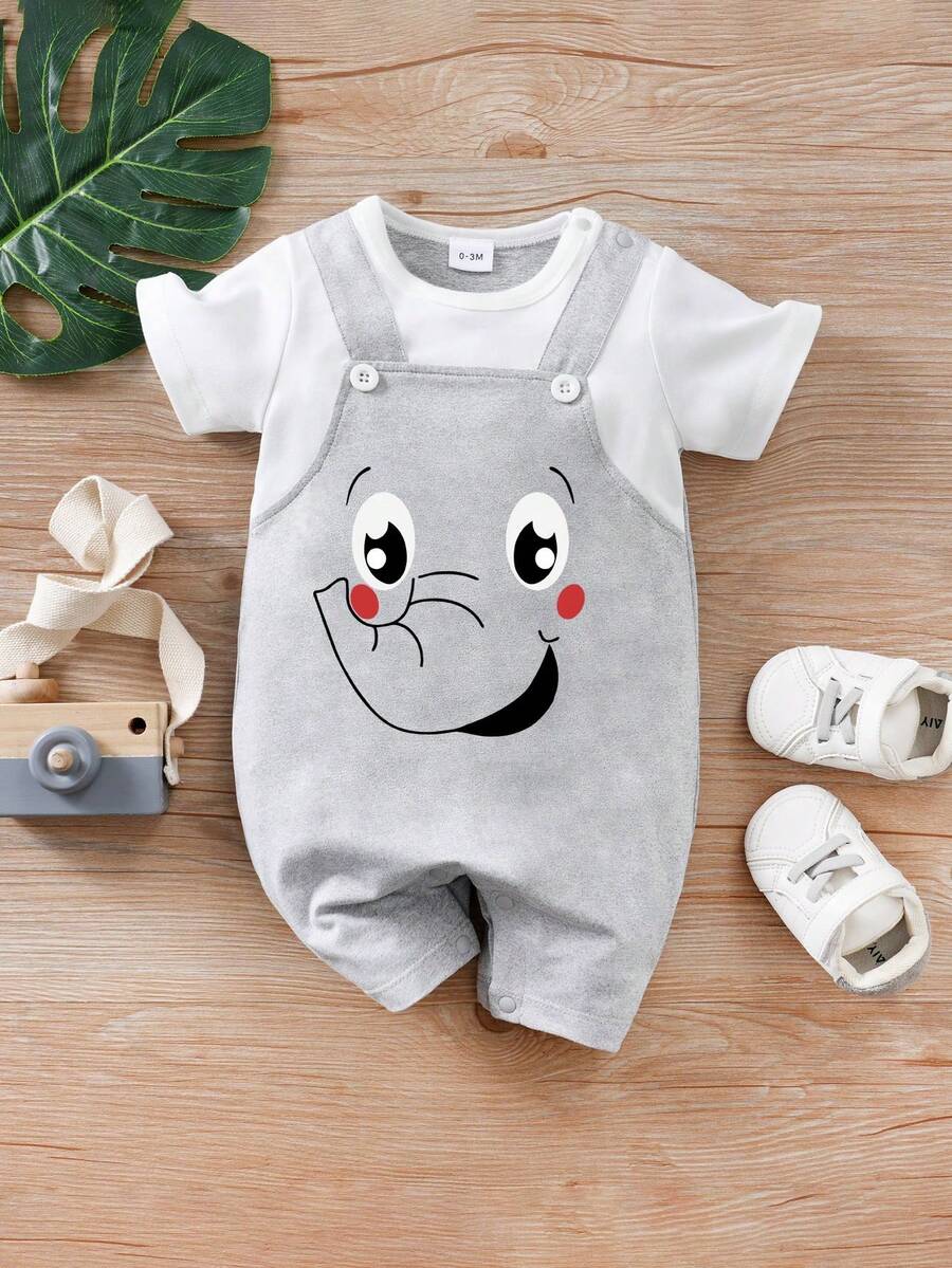 Baby Boy Cartoon Elephant Print 2 In 1 Short Sleeve Romper, Spring/Summer